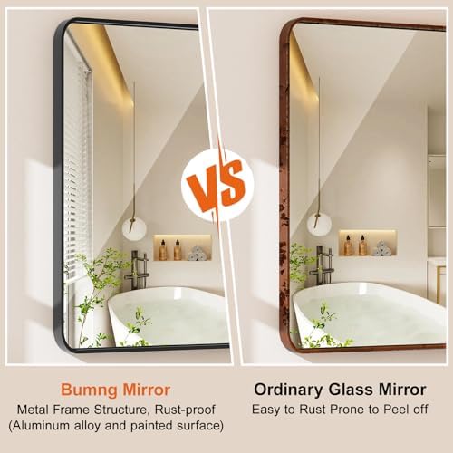 22x30 Inch Black Metal Bathroom Mirror with Round Corners