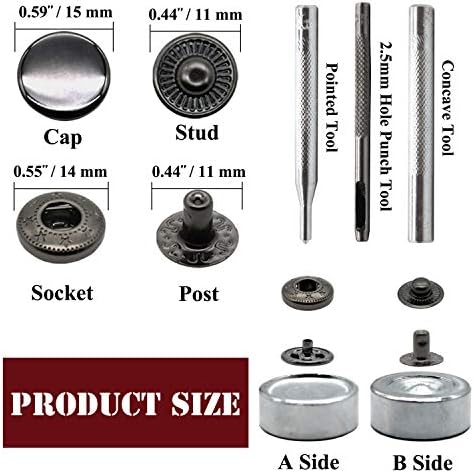 Raydodo 15mm Metal Snap Buttons Kit 12 Sets with Tools