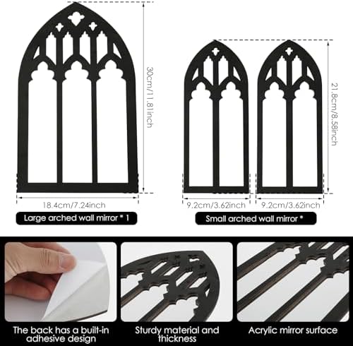 3 Pcs Arched Window Wall Mirror Set with Gothic Design