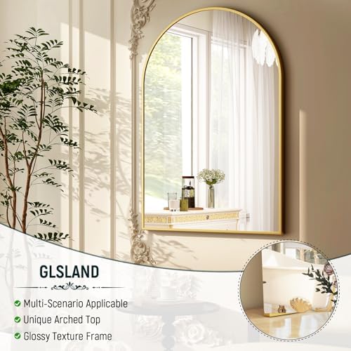 GLSLAND 16x24 Inch Arch Bathroom Mirror with Gold Frame