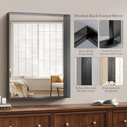 Koonmi 30x40 Inch Black Metal Bathroom Mirror with Tempered Glass