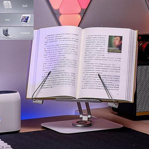 Adjustable Book Stand with 360 Rotating Base and Page Clips - Silver