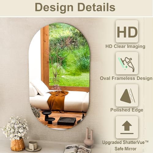 WISSMIELS Oval Frameless Bathroom Mirror - 20x48 Inch Wall Mounted Tempered Glass