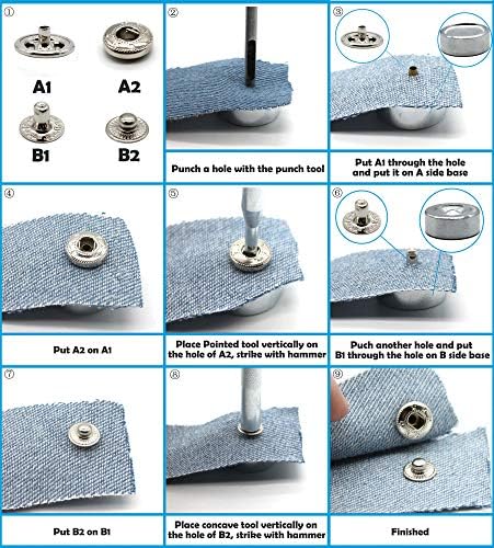 Raydodo 15mm Metal Snap Buttons Kit 12 Sets with Tools