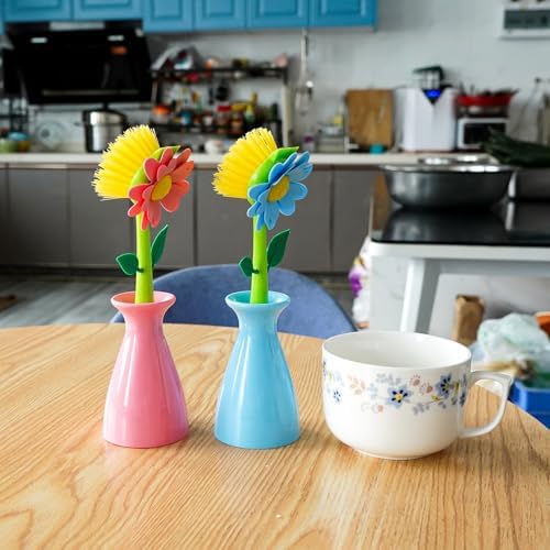 JANKOW Long Handle Flower Pot Brush with Vase 2 Pcs Blue Pink